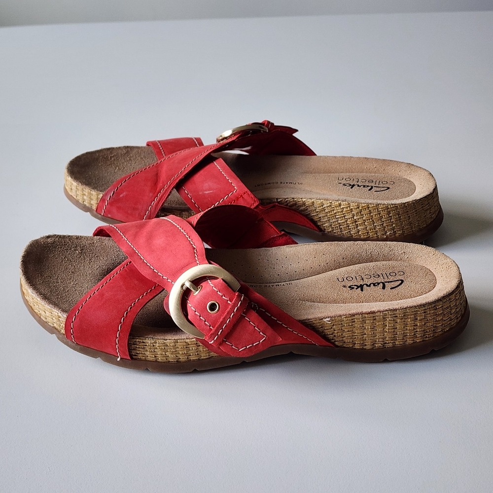 Clarks Slide Sandals Womens 8.5 Wide Red Buckle Ultimate Comfort Vacation Travel